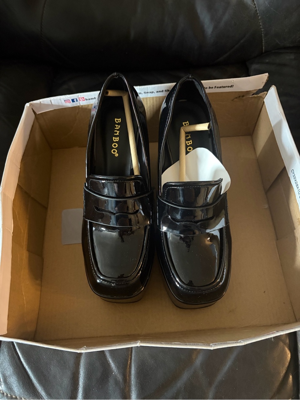 BAMBOO Black Patent Leather Penny Loafers for Women us 6